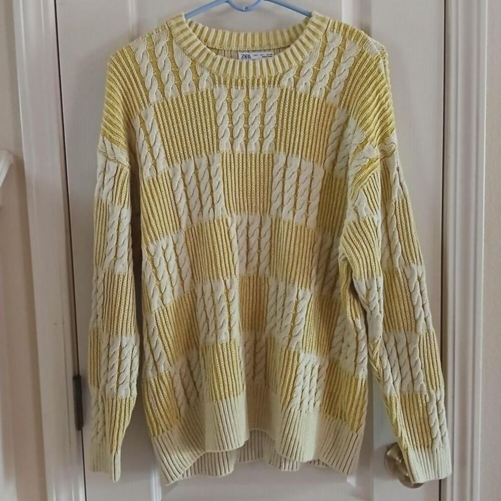 Zara Yellow White Patchwork Chunky Cable Knit Crew Neck Sweater L Preppy